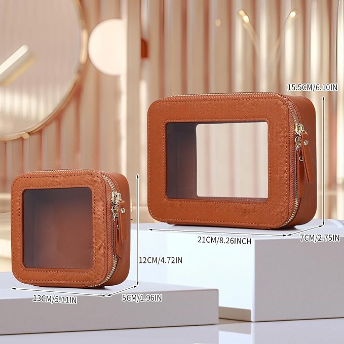 Clear Makeup Bag Set Travel Cosmetic Bag and Toiletry Bag Women's Purse Pouch Cosmetic Stroage Organizer Case with Zipper Car Essentials (Brown, M+Mini)
