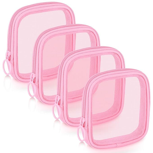 Weewooday 4 Pcs Mesh Makeup Bag Mesh Cosmetic Bag Travel Toiletry Pouch with Zipper Mini Makeup Cosmetic Purse for Daily Accessory(Small,Pink)
