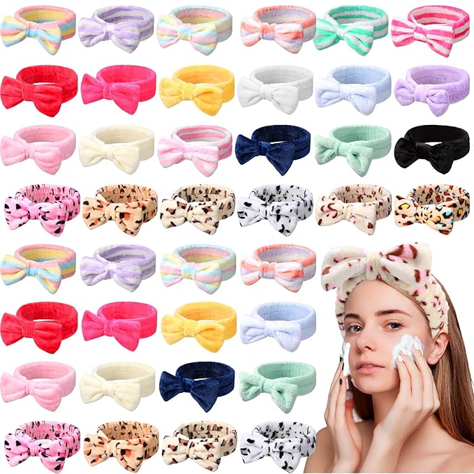 Giegxin 48 Pieces Spa Headband Bulk Bow Hair Band Facial Makeup Headbands Fluffy Plush Headband for Women Girls Washing Face Spa Sleepover Party Supplies(Cute Pattern)