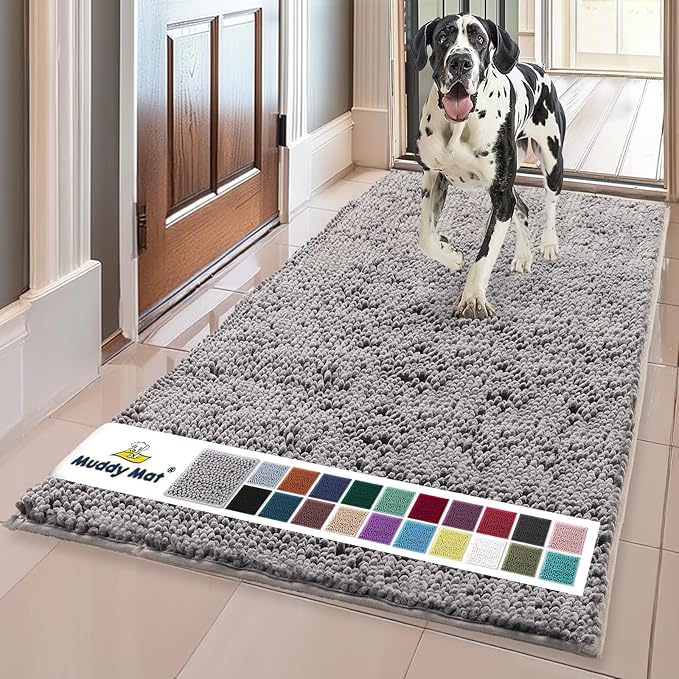 Muddy Mat® | Super Absorbent Door Mat Indoor, Microfiber Quick Dry Chenille Entryway Rug, Non-Slip Front Door Mat, Indoor Mats for Entryway, Machine Washable Pet Rug, Grey 59"x35"