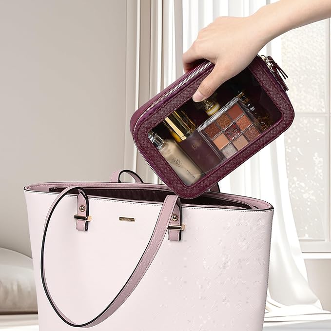 Clear Makeup Bag Small Cosmetic & Toiletry Bag Waterproof Travel Case Women's Pouch Organizer Makeup Bag for Car with Zipper (Burgundy, Small-1)
