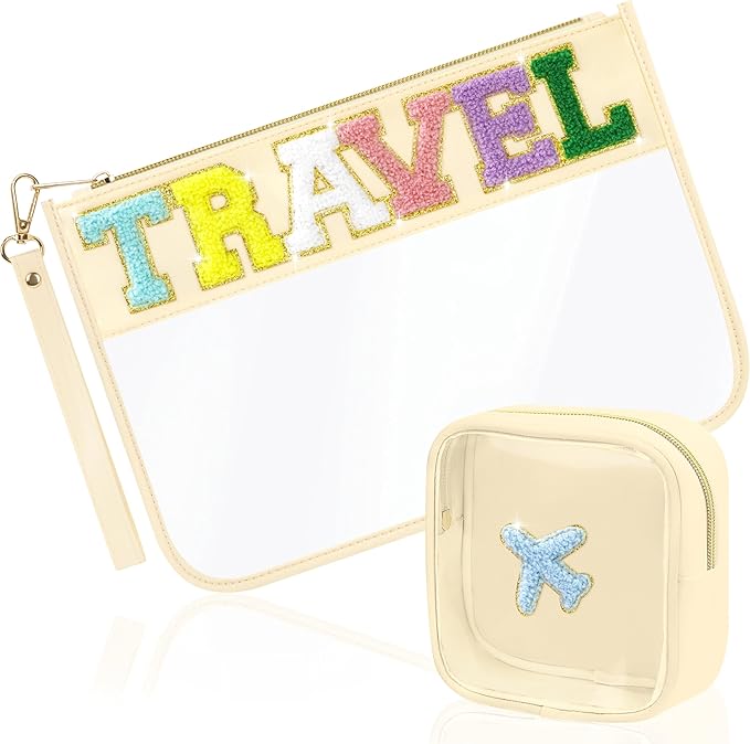 2 Pcs Chenille Letter Patch Clear Travel Bags, Preppy PVC&Nylon Makeup Bag with Zipper, Waterproof Clear Travel Toiletry Bag Storage Bag for Women Girls