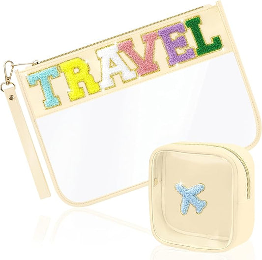 2 Pcs Chenille Letter Patch Clear Travel Bags, Preppy PVC&Nylon Makeup Bag with Zipper, Waterproof Clear Travel Toiletry Bag Storage Bag for Women Girls