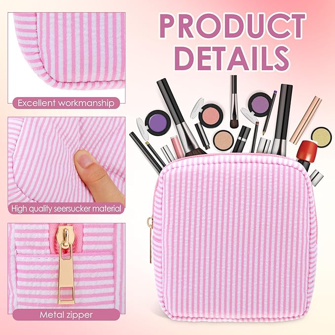 Sanwuta 6 Pcs Seersucker Cosmetic Bag Bulk Pinstripe Makeup Bag for Women Aesthetic Cute Travel Toiletry Organizer Preppy Storage Pouch for Wedding Bridesmaid Christmas Gift(Small,Pastel Color)