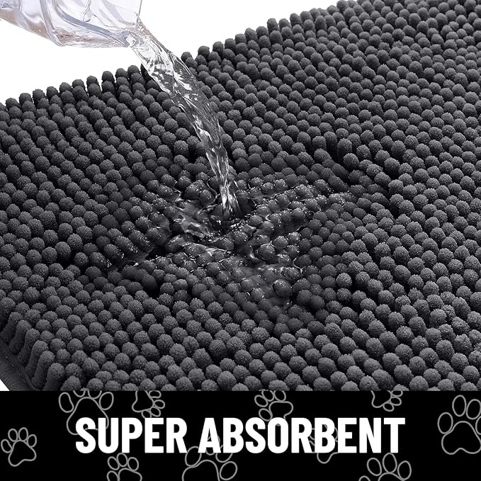 Smiry Dog Door Mat for Muddy Paws, Absorbent Dirt Trapper Non Slip Quick Dry Washable Chenille Mat for Mud Dogs, Entry Rug for Indoor and Outdoor (36x24 Inches, Dark Grey and White)