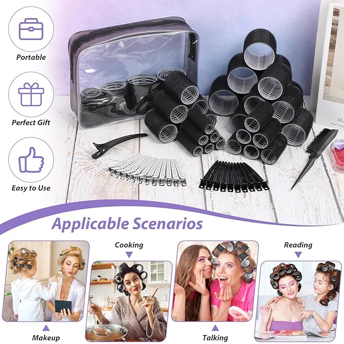 65 PCS Hair Curler Rollers with 5 Sizes Self Grip Hair Rollers for Long Medium Short Thick Fine Thin Hair Bangs Volume, Jumbo Curlers Rollers with Storage Bag Teasing Brush
