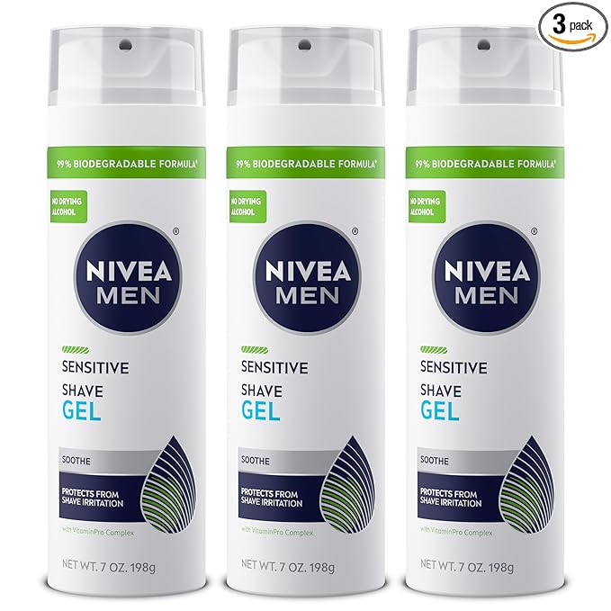 NIVEA MEN Sensitive Shave Gel, Shaving Gel for Men with Sensitive Skin, Enriched with VitaminPro Complex, 7 Oz Can, Pack of 3