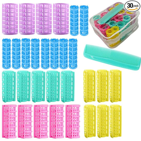 30Pcs Plastic Hair Rollers Set, Snap on Rollers Self Grip Hairdressing Curlers No Heat Rollers for Long Medium Short Thin Fine Hair with Mini Comb (5 Sizes)