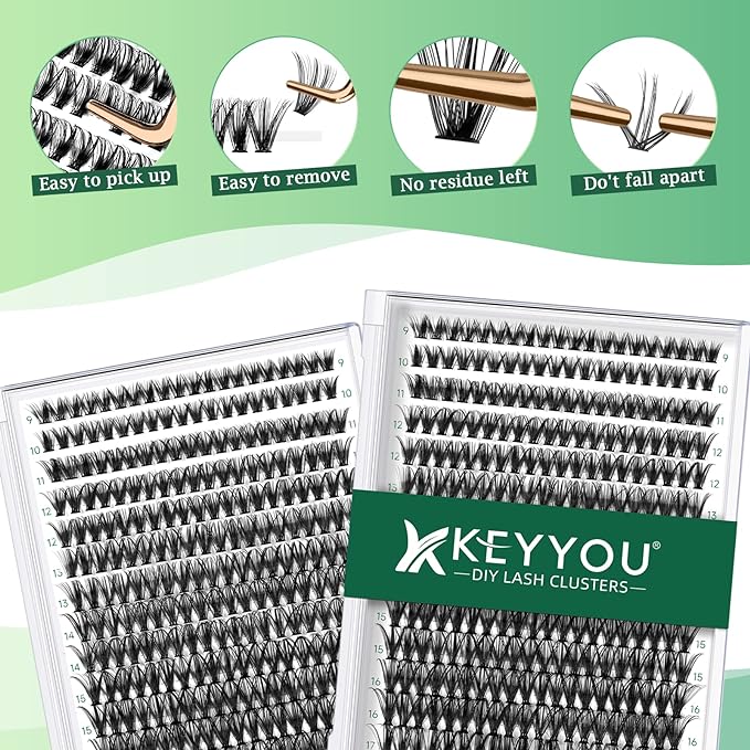 KEYYOU Lash Clusters 300pcs Individual Lashes 40D 0.07D Curl 16mm DIY Eyelash Extension Large Tray Volume Soft&Natural Cluster Lashes(40D-0.07D,16）
