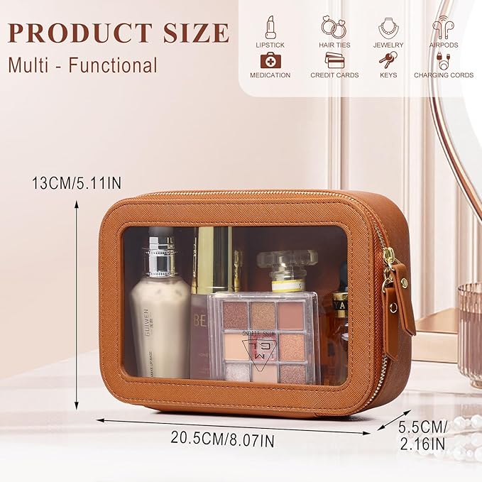 Clear Makeup Bag Small Cosmetic & Toiletry Bag Waterproof Travel Case Women's Pouch Organizer Makeup Bag for Car with Zipper (Brown, Small-1)