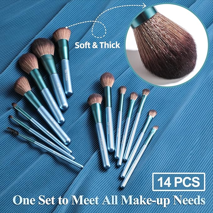 BS-MALL 14 Pcs Makeup Brushes Set with 1 Pcs Makeup Sponge – Essential Foundation Powder Concealers, Eye Shadows, Blush Makeup Brushes with Travel Makeup Case (Z-Blue)
