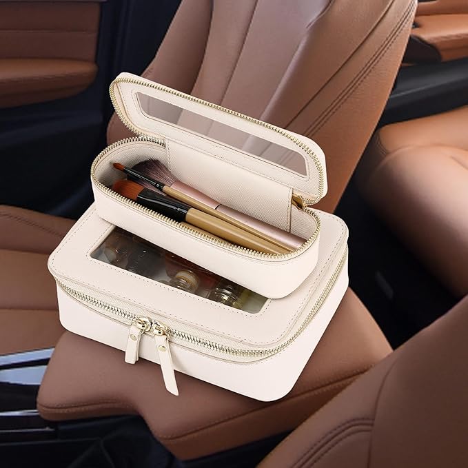 Clear Travel Makeup Bag with Brush Case Portable Transparent Cosmetic Bag and Toiletry Bag Waterproof Makeup Organizer with Zipper Car Essential for Women (Beige, M+Slim)