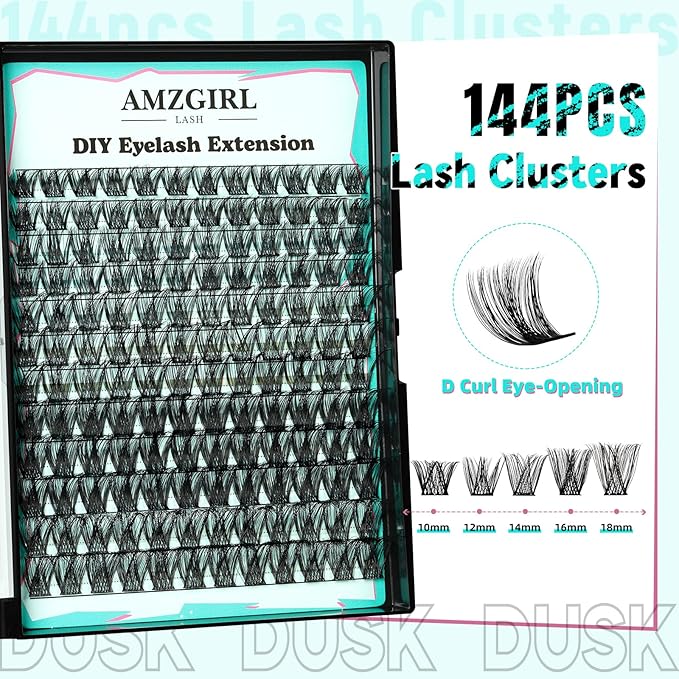 Lash Extension Kit 144pcs Lash Clusters Kit D Curl Eyelash Extension Kit with Lash Bond and Seal Waterproof Lash Glue Remover Lash Tweezers for Lash Clusters Eyelash Clusters Kit (Dusk, D-10-18mm Kit)
