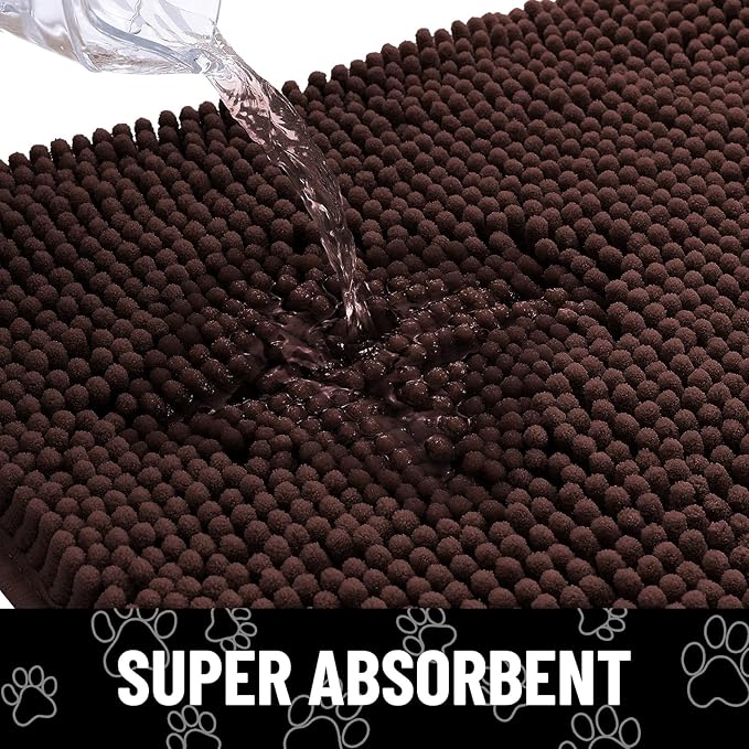Smiry Dog Door Mat for Muddy Paws, Absorbent Dirt Trapper Non Slip Quick Dry Washable Chenille Mat for Mud Dogs, Entry Rug for Indoor and Outdoor (44x32 Inches, Brown and White)