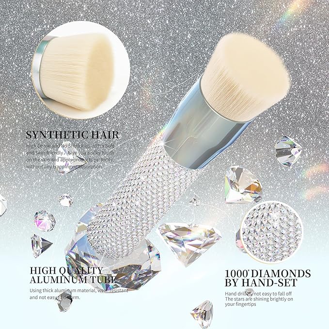 DUcare Rhinestone Foundation brush Diamond Bling Makeup Tanning Brush Flat Top Kabuki Brush, Synthetic Professional Liquid Blending Mineral Powder Makeup Tools