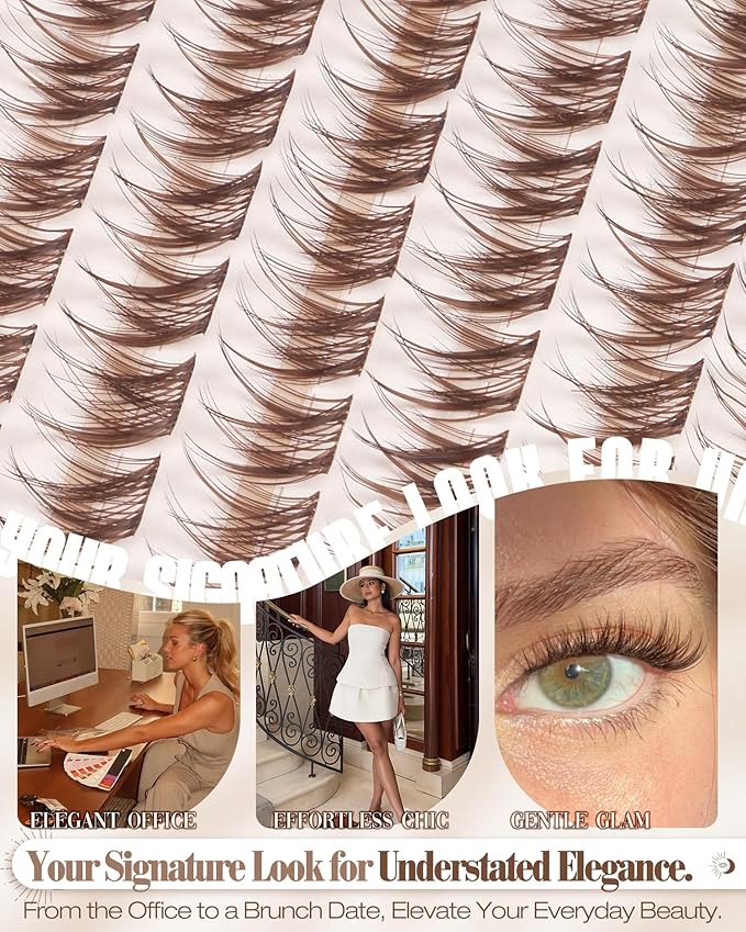 Brown Lash Clusters 8-10-12MM Short Wispy Eyelash Extensions with Natural C Curl and Flexible Clear Band 144Pcs Pestañas Postizas Marrón, Easy Application, For Blondes and Redheads