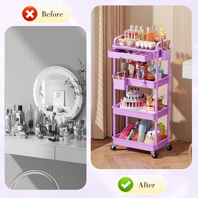 Makeup Cart Organizer with Drawers, 4 Tier Floor Skincare Organizers for Vanity, Rolling Makeup Bathroom Storage Cart Cosmetics Display Cases for Skin Care Perfume Nail Polish, Purple