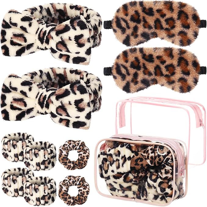 Hoteam 10 Pcs Galentine Spa Party Supplies Valentine Gift Set Sleepover Party Favor Spa Headband Wristband Sleep Eye Mask Velvet Scrunchies for Skin Care Makeup Slumber Night Favor(Leopard Print)