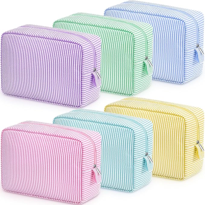 Sanwuta 6 Pcs Seersucker Cosmetic Bag Bulk Pinstripe Makeup Bag for Women Aesthetic Cute Travel Toiletry Organizer Preppy Storage Pouch for Wedding Bridesmaid Christmas Gift(Large,Macaron Color)