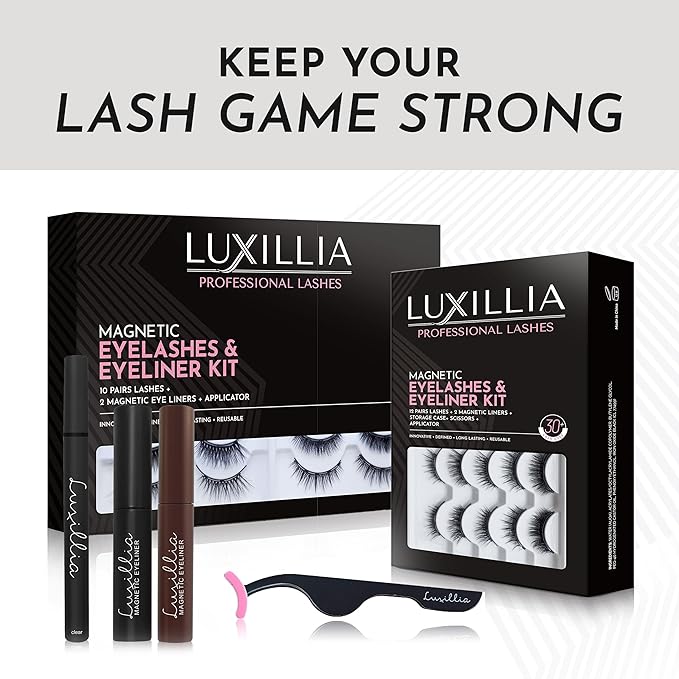Luxillia 8-Piece Clear & Black Magnetic Eyelashes with Applicator & Magnetic Eyeliner Kit – Reusable Natural Magnetic Lashes – Easy Apply Lash Kit for Beginners – Waterproof Dramatic Looks
