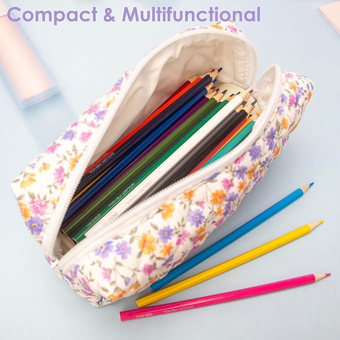 PAZIMIIK 6PCS Vintage Quilted Makeup Bag SET Cosmetic Pouch for Brushes Pencils and Travel Make Up Accessories for Women and Girls,Little flower