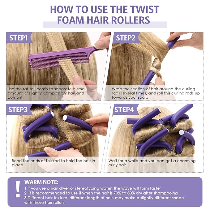 Syhood 30 Pieces Flexible Curling Rods Twist Hair Rollers Soft Foam Rods No Heat and 1 Pcs Steel Rat Tail Comb for Women Long and Short Hair (7 x 0.8 Inch,Purple)