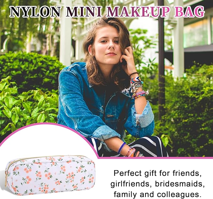 Nylon Small Makeup Bag Slim Pouch, Cute Floral Preppy Makeup Brush Bag Portable Make up Pouch with Zipper, Waterproof Travel Toiletry Bag Coin Purse Storage Organizer for Women Girls(Pink Flower)