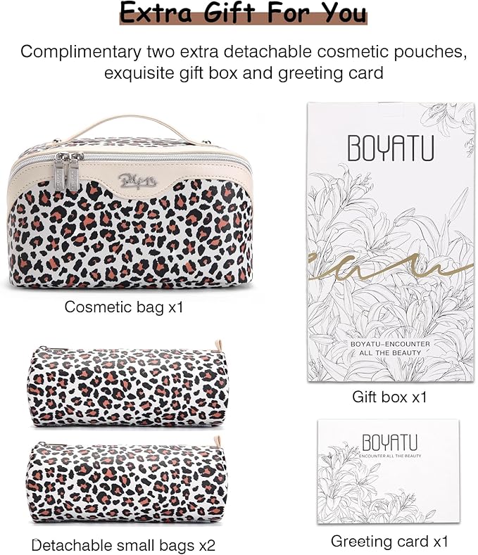 BOYATU Travel Makeup Bag for Women: 3 Pcs Set Portable Make up Bags with Handle - Leopard Print Cosmetic Bags with Comparments - Waterproof Vegan Leather Toiletry Bag (12-White)
