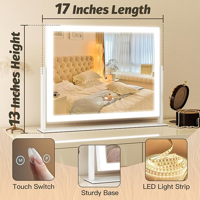 FENNIO Vanity Mirror with Lights 13'' x 17'' Makeup Mirror with Lights,Vanity Mirror Touch Screen with 3-Color Lighting,Dimmable,for Vanity Desk Bedroom White