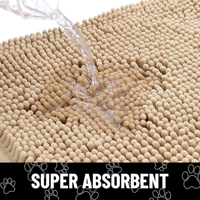 Smiry Dog Door Mat for Muddy Paws, Absorbent Dirt Trapper Non Slip Quick Dry Washable Chenille Mat for Mud Dogs, Entry Rug for Indoor and Outdoor (30x20 Inches, Beige and White)