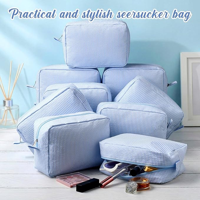 Sanwuta 9 Seersucker Cosmetic Bag Bulk Pinstripe Makeup Bag for Women Aesthetic Cute Travel Toiletry Organizer Preppy Storage Pouch for Wedding Bridesmaid Christmas Gift (Large,Blue)