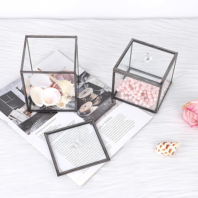 Hipiwe 2 Pack Glass Qtip Holder Dispenser With Lid Metal Bathroom Containers for Cotton Balls Makeup Sponges Bath Salts Candles Vanity Canisters Countertop Storage Organizer Jar, Black