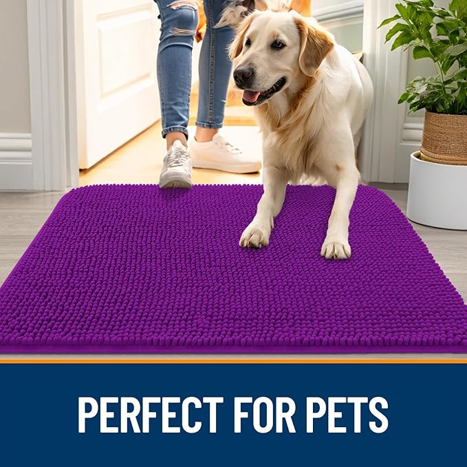 OLANLY Dog Door Mat for Muddy Paws 48x30, Absorbs Moisture and Dirt, Absorbent Non-Slip Washable Doormat, Quick Dry Chenille Mud Mat for Dogs, Entry Indoor Entryway Carpet for Inside Floor, Purple