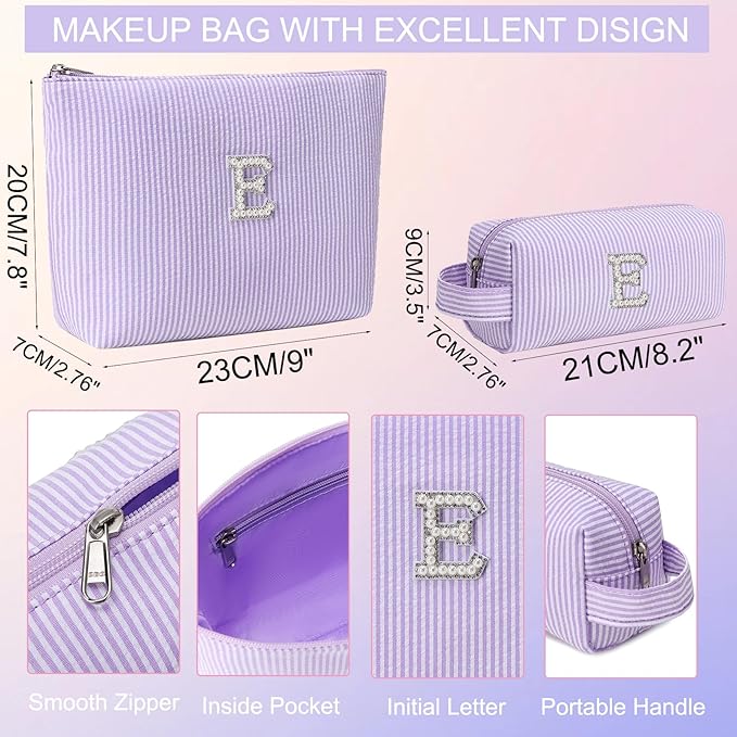2 Pieces Makeup Bag Set Cute Cosmetic Pouch for Girls Women Stripe Travel Toiletry Bag Makeup Purse Pouch Aesthetic Skincare Brushes Storage Organizer for Christmas Women(Purple L)