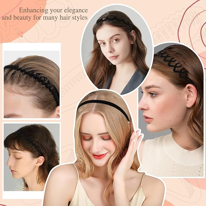 12Pcs Black Zigzag Headbands with Teeth for Women's Hair Non Slip, Plastic Wavy Skinny Head Bands Comb Fashion Hair Accessories–6 Styles, Versatile Use