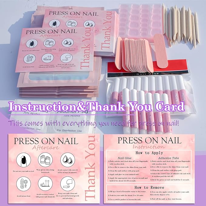 Disposable Nail Supplies Kits,Professional Manicure Press On Nail Tool Kit with Nail File,Adhesive Tabs,Nail Glue,Sticks, Prep Pads,Bags,Cards for Nail Business (350pcs50set-pink)