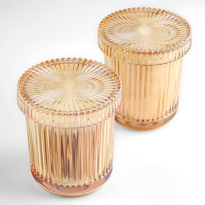 Bathroom Organizers and Storage,2 Pack Glass Qtip Holder Dispenser,Bathroom Essentials Accessories Decor,Vanity Makeup Storage Organizer for Cotton Swabs,Cotton Balls,Pads,Floss Picks (Amber)