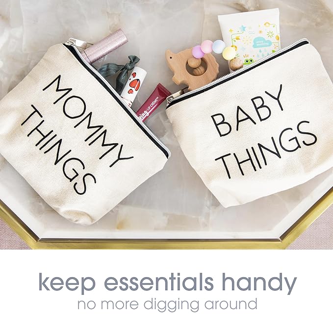 Pearhead Mommy and Baby Things Pouch Set, Canvas Zipper Organizer Bags for Diaper Bag and Travel, Cosmetic and Makeup Bag for Mom, Hospital Bag Essentials