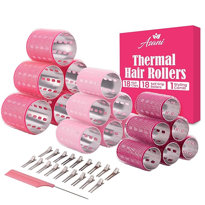 Thermal Rollers for Hair - 37pc Set - 18 Self-Grip Hair Rollers with 18 Clips and Styling Comb - Aluminum Thermal Hair Rollers for Volume and All-Day Curls - For Short, Medium, and Long Hair (Large)