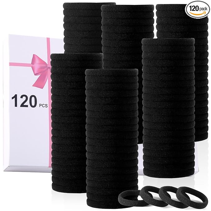 LuSeren 120PCS Black Hair Ties for Thick Hair – Seamless No Damage Elastic Ponytail Holders, Black Hair Band,Bulk Nylon Hair Elastics for Women