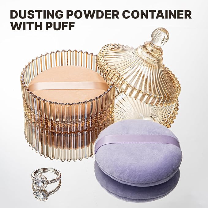 3 PCS Extra Large Body Powder Puff and Container - 6 In Glass Dusting Powder Container with Puff, Body Powder Puff for Women Soft Washable Reusable Fluffy Makeup Wet Dry (Amber)