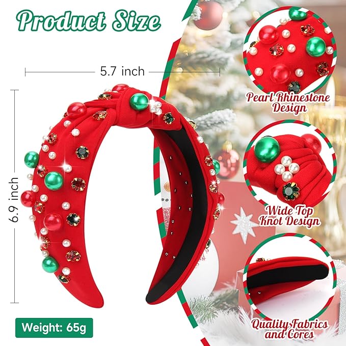 2 Pcs Christmas Headband for Women Pearl Knotted Headband Red Green Pearl Rhinestone Crystal Jeweled Hairbands Fashion Ladies Hair Band Hair Hoop Accessories Holiday Outfits Headpiece (Red)