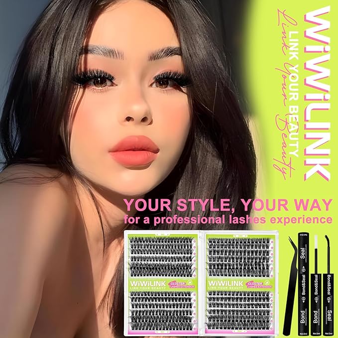Lash Extension Kit 60D+80D+100D+200D Individual Lash Clusters 424PCS D Curl 10-18mm Volume Cluster Eyelash Extensions Kit with Lash Bond & Seal and Applicator for DIY Eyelashes Beginners