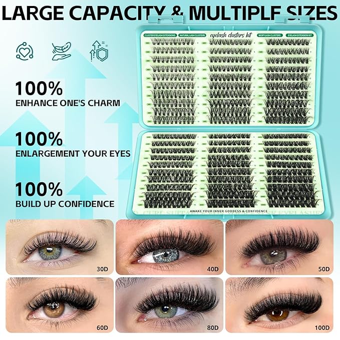 Wispy Lash Clusters Kit, D Curl Lashes Clusters Natural Look 9-16mm Individual Super Thin Band DIY Cluster Eyelash Extensions Kit with Bond Seal Tweezers Brush Remover (30D–100D Mix)
