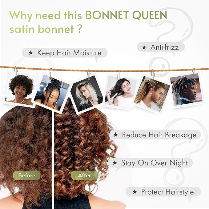 BONNET QUEEN Silk Bonnet for Sleeping Women Satin Bonnet Night Sleep Cap Wrap for Curly Hair with Adjustable Tie Band, Single Layer, Black+Rose Gold