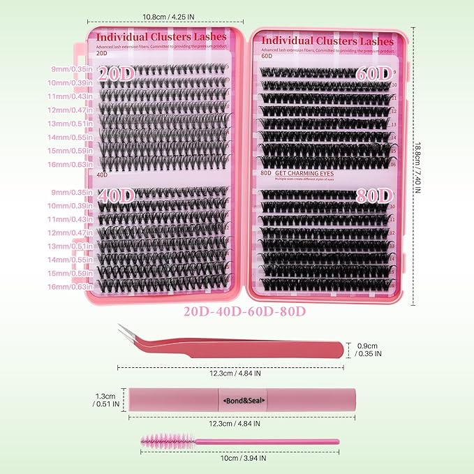 Lash Clusters Kit for Beginners Eyelash Clusters Kit Lashes Clusters Kit Cluster Lashes Pestañas Postizas Naturales with Lash Bond&Seal,Lash Tweezers,Brush RITALASH(640pcs 20D+40D+60D+80D Kit,9-16mm)