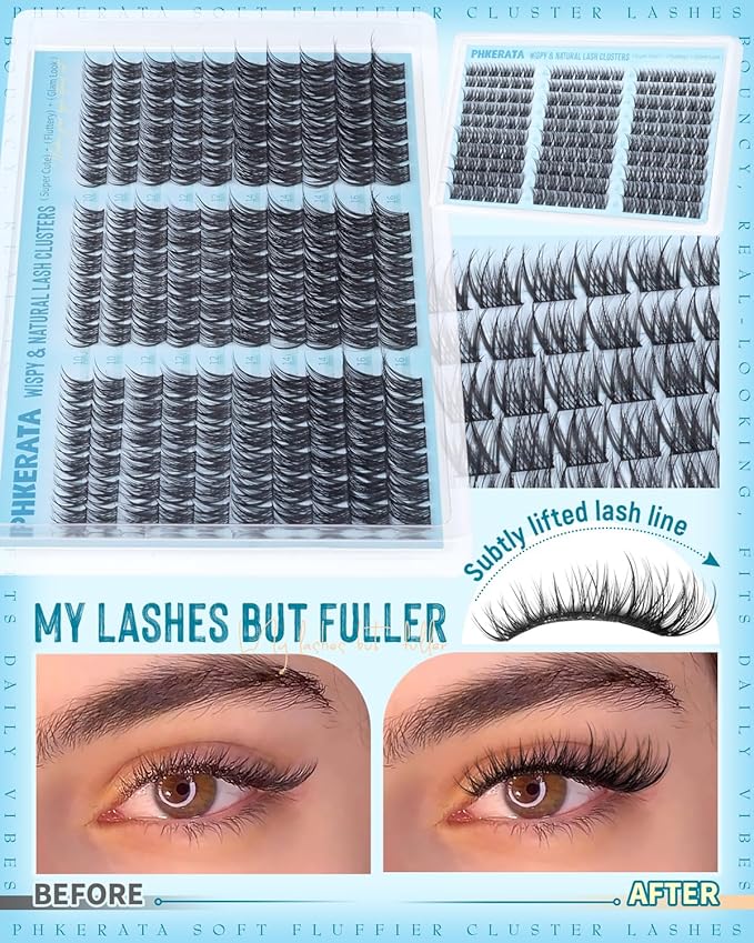PHKERATA Wispy Lash Clusters Natural Eyelash Clusters Extensions C Curly Individual Lashes Clusters DIY Eyelash Extension with Wide Soft Thin Band,10-16MM,180Pcs