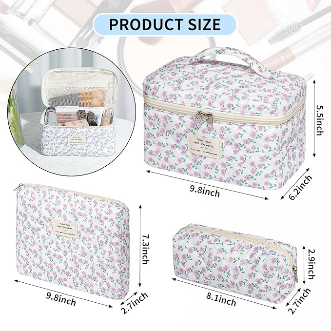 senbowe Floral Makeup Bag, 3 Pack Large Cotton Quilted Makeup Bag Set, Cute Floral Coquette Aesthetic Toiletry Bag Make Up Cosmetic Bag for Women, Toiletry Travel Make Up Organizer Bag