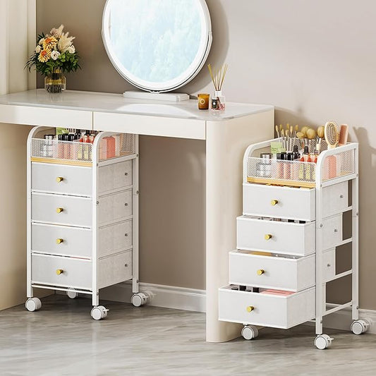 SWTYMIKI Rolling Makeup Organizer Cart - Under Desk Vanity Makeup Storage with 4 Non-woven Drawers, Nail Cart Organizer Cosmetic Display Cases Cabinet for Skin Care Perfume Nail Polish Brush Hair Tool