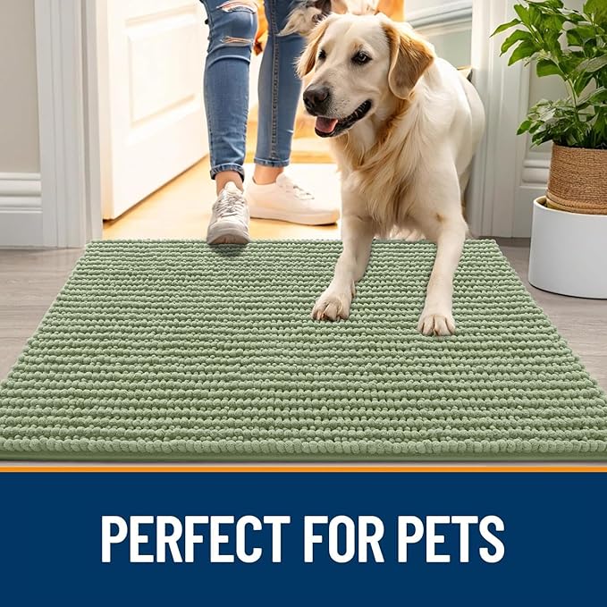 OLANLY Dog Door Mat for Muddy Paws 44x24, Ultra Absorbent Chenille Mud Doormat, Non-Slip Washable and Dirt Trapping Doormat for Indoor Entryway, Quick-Dry Indoor Pet Bed Mats for Dogs, Sage Green